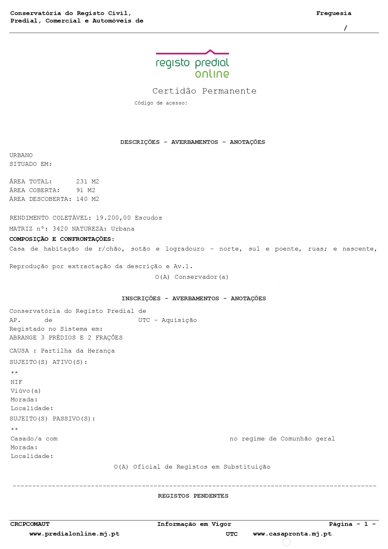 CERTID​ÃO DE REGISTO PREDIAL